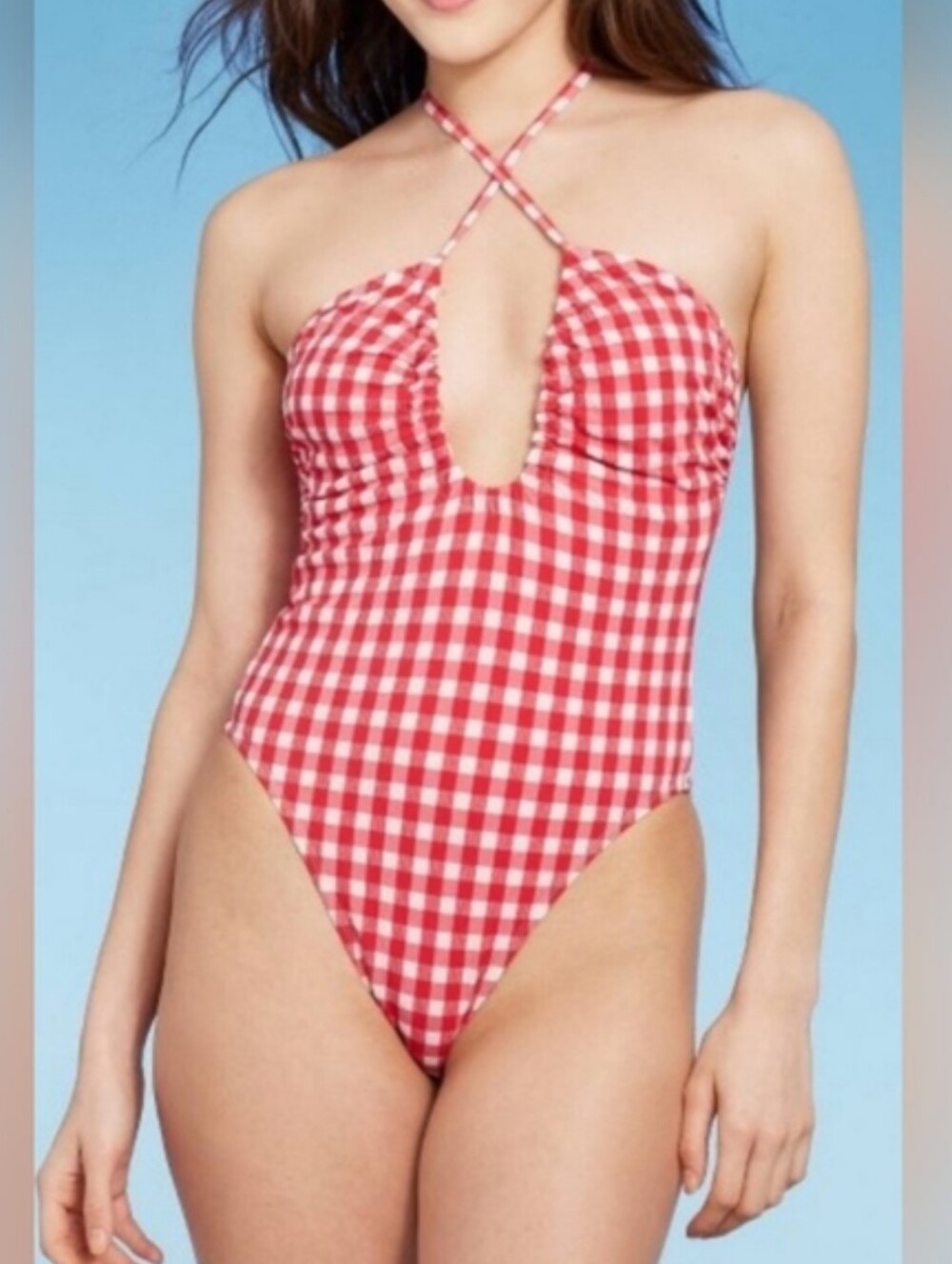NWOT Wild Fable Red Gingham Halter Neck High Cut One Piece Swimsuit Size Small